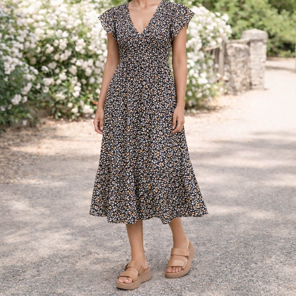 Rails Black Floral V-Neck Midi Dress